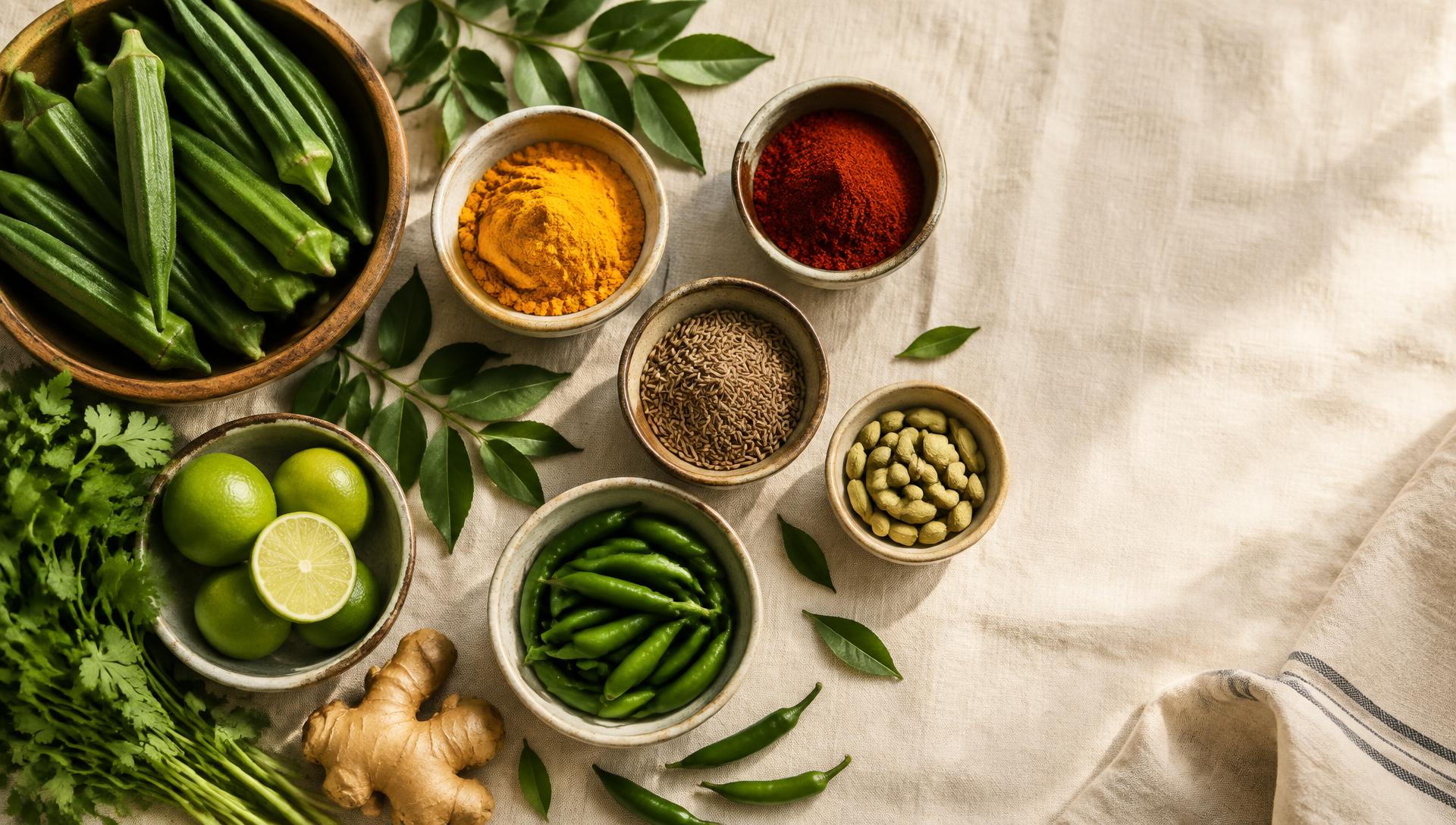 Fresh okra, limes, cilantro and bowls of turmeric, chili, cumin and cardamom